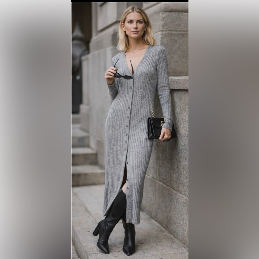 NWT STAUD Shoko Cashmere Rib Knit Sweater Dress in Heather Grey Sz S - Picture 5 of 16